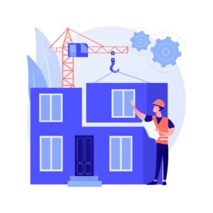 Imagem decorativa. A ilustração, feita por vectorjuice, mostra um homem coordenando a construção de uma casa.